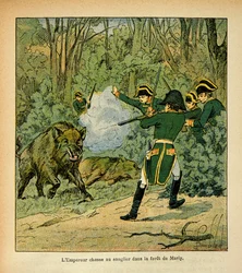 Illustration av Bombled Louis (1862-1927) från boken "The Memorial of Saint Helene" av greve Emmanuel de Las Cases (1766-1842): Kejsar Napoleon jagar galten i skogen Marly, privat samling