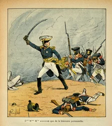 Illustration av Bombled Louis (1862-1927) från boken "The Memorial of Saint Helene" av greve Emmanuel de Las Cases (1766-1842): A General Charge at the Head of His Troops, Private Collection