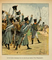 Illustration av Bombled Louis (1862-1927) från boken "The Memorial of Saint Helene" av greve Emmanuel de Las Cases (1766-1842): The Troops Acclaim Emperor Napoleon, Private Collection