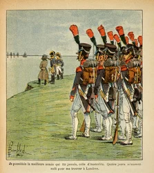 Illustration av Bombled Louis (1862-1927) från boken "The Memorial of Saint Helene" av greve Emmanuel de Las Cases (1766-1842): The Great Armee in Boulogne, Kejsaren Napoleon överväger det England han vill invadera, Privat samling
