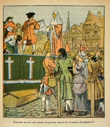 Illustration af Bombled Louis (1862-1927) fra bogen "The Memorial of Saint Helene" af Grev Emmanuel de Las Cases (1766-1842): Offentlig henrettelse i England i det 18. århundrede, Private Collectionswed