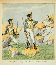 Illustration av Bombled Louis (1862-1927) från boken "The Memorial of Saint Helene" av greve Emmanuel de Las Cases (1766-1842): Polskt infanteri; Regementet av Vistula; fusilier och grenadjär, Privat samling