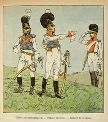 Illustration av Bombled Louis (1862-1927) från boken "The Memorial of Saint Helene" av greve Emmanuel de Las Cases (1766-1842): Bayersk militär: Överste av lätta hästar; bayersk officer; Överste av drakarna, privat samling