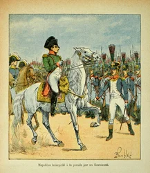 Illustration av Bombled Louis (1862-1927) från boken "The Memorial of Saint Helene" av greve Emmanuel de Las Cases (1766-1842): Napoleon kallar till en parad av en löjtnant, Privat samling