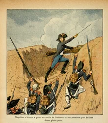 Illustration av Bombled Louis (1862-1927) från boken "The Memorial of Saint Helene" av greve Emmanuel de Las Cases (1766-1842);: Bonaparte anfaller i spetsen för sina trupper, privat samling