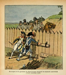 Illustration av Bombled Louis (1862-1927) från boken "The Memorial of Saint Helene" av greve Emmanuel de Las Cases (1766-1842): Under den italienska kampanjen erkände en sergeant från garnisonen St George de österrikiska husarerna med sina nya rockar, Pr