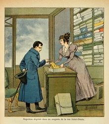 Illustration av Bombled Louis (1862-1927) från boken "The Memorial of Saint Helene" av greve Emmanuel de Las Cases (1766-1842): Kejsar Napoleons förklädnad i en butik på Rue Saint Denis, privat samling
