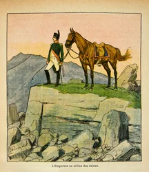 Illustration av Bombled Louis (1862-1927) från boken "The Memorial of Saint Helene" av greve Emmanuel de Las Cases (1766-1842): Kejsaren Napoleon mitt i ruinerna, privat samling
