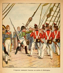 Illustration av Bombled Louis (1862-1927) från boken "The Memorial of Saint Helene" av greve Emmanuel de Las Cases (1766-1842): Kejsar Napoleon befaller övningen för de engelska soldaterna ombord på Bellerophon, privatsamling
