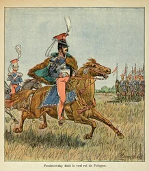 Illustration av Bombled Louis (1862-1927) från boken "The Memorial of Saint Helene" av greve Emmanuel de Las Cases (1766-1842): Marechalen Jozef Antoni Poniatowski (1763-1813) före sina trupper, Privat samling