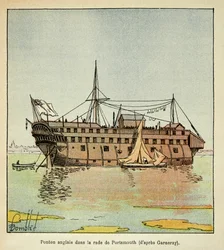 Illustration av Bombled Louis (1862-1927) från boken "The Memorial of Saint Helene" av greve Emmanuel de Las Cases (1766-1842): Engelsk ponton i hamnen i Portsmouth som tjänar som fängelse för den franska, privata samlingen