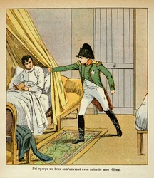Illustration av Bombled Louis (1862-1927) från boken "The Memorial of Saint Helene" av greve Emmanuel de Las Cases (1766-1842): Napoleon väcker Las Cases i sängen på St. Helene, privat samling