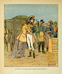 Illustration av Bombled Louis (1862-1927) från boken "The Memorial of Saint Helene" av greve Emmanuel de Las Cases (1766-1842): Bonaparte tröstar Josephine efter attacken på hans bil under det italienska fälttåget, Private Collection.