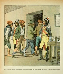 Illustration av Bombled Louis (1862-1927) från boken "The Memorial of Saint Helene" av greve Emmanuel de Las Cases (1766-1842): Under den franska revolutionen fylldes fängelserna, privat samling.