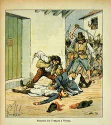 Illustration av Bombled Louis (1862-1927) från boken "The Memorial of Saint Helene" av greve Emmanuel de Las Cases (1766-1842): Massaker på franska soldater i Verona, privat samling.