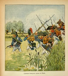 Illustration av Bombled Louis (1862-1927) från boken "The Memorial of Saint Helene" av greve Emmanuel de Las Cases (1766-1842): Den franska armén passerar Piave under det italienska fälttåget, privat samling.