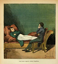Illustration av Bombled Louis (1862-1927) från boken "The Memorial of Saint Helene" av greve Emmanuel de Las Cases (1766-1842): Las Cases tittar på den sovande Napoleon, privat samling