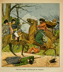 Illustration av Bombled Louis (1862-1927) från boken "The Memorial of Saint Helene" av greve Emmanuel de Las Cases (1766-1842): Napoleon överraskades i Brienne av kosacker, privat samling.