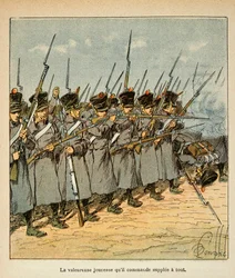 Illustration av Bombled Louis (1862-1927) från boken "The Memorial of Saint Helene" av greve Emmanuel de Las Cases (1766-1842): Fransmännen under slaget vid Lutzen 1813, privat samling