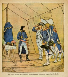 Illustration av Bombled Louis (1862-1927) från boken "The Memorial of Saint Helene" av greve Emmanuel de Las Cases (1766-1842): De gamla soldaterna från den italienska armén utnämnde Bonaparte till korpral efter slaget vid Lodi 1796, menig Samling
