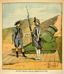 Illustration av Bombled Louis (1862-1927) från boken "The Memorial of Saint Helene" av greve Emmanuel de Las Cases (1766-1842): 1787 gick Napoleon Bonaparte in i regementet La Fere som andralöjtnant, privat samling