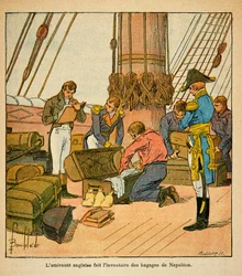 Illustration av Bombled Louis (1862-1927) från boken "The Memorial of Saint Helene" av greve Emmanuel de Las Cases (1766-1842): Den engelska Admirauten gör en inventering av kejsar Napoleons bagage innan hans avresa till St. Helene år 1815, Priva