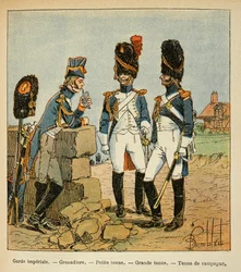 Illustration av Bombled Louis (1862-1927) från boken "The Memorial of Saint Helene" av greve Emmanuel de Las Cases (1766-1842): Kejserliga gardets grenadjärer: Liten outfit; stor outfit och country outfit, Privat samling