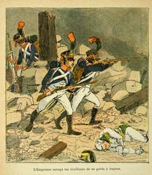 Illustration av Bombled Louis (1862-1927) från boken "The Memorial of Saint Helene" av greve Emmanuel de Las Cases (1766-1842): Kejsar Napoleon skickade sin vakt till Aspern under slaget vid Essling