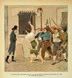 Illustration av Bombled Louis (1862-1927) från boken "The Memorial of Saint Helene" av greve Emmanuel de Las Cases (1766-1842): Bonaparte under den franska revolutionen konfronterar folkmassan, Privat samling
