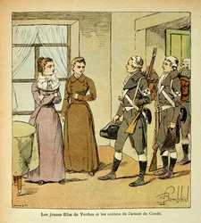 Illustration av Bombled Louis (1862-1927) från boken "The Memorial of Saint Helene" av greve Emmanuel de Las Cases (1766-1842): The Young Daughters of Verdun and the Soldiers of the Armee of Conde (Armee des Emigrres), Privat samling
