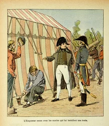 Illustration av Bombled Louis (1862-1927) från boken "The Memorial of Saint Helene" av greve Emmanuel de Las Cases (1766-1842): Kejsar Napoleon pratar med sjömännen som satte upp ett tält åt honom, Privat samling