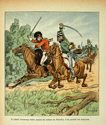 Illustration av Bombled Louis (1862-1927) från boken "The Memorial of Saint Helene" av greve Emmanuel de Las Cases (1766-1842): Strid mellan franska och engelska ryttare, Privat samling