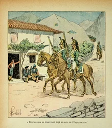 Illustration av Bombled Louis (1862-1927) från boken "The Memorial of Saint Helene" av greve Emmanuel de Las Cases (1766-1842): Franska trupper under spanska kriget, privat samling