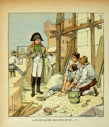 Illustration av Bombled Louis (1862-1927) ur boken ”Minnesmärket från Sankt Helena” av greve Emmanuel de Las Cases (1766-1842): På ön Elba föll en murare som arbetade vid de byggnader kejsaren hade beordrat. Napoleon försökte trösta honom och sade