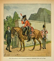 Illustration av Bombled Louis (1862-1927) från boken "The Memorial of Saint Helene" av greve Emmanuel de Las Cases (1766-1842): En förordning till en häst kommer till Longwood och ber om atlasen över Le Sage, Collection Partial