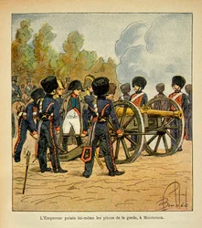 Illustration av Bombled Louis (1862-1927) från boken "The Memorial of Saint Helene" av greve Emmanuel de Las Cases (1766-1842): Kejsar Napoleon riktar själv vaktens vapen mot slaget vid Montereau, privat samling