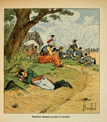 Illustration av Bombled Louis (1862-1927) från boken "The Memorial of Saint Helene" av greve Emmanuel de Las Cases (1766-1842): Kejsaren Napoleon sover under striden, Privat samling