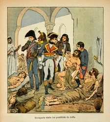 Illustration av Bombled Louis (1862-1927) från boken "The Memorial of Saint Helene" av greve Emmanuel de Las Cases (1766-1842): Bonaparte besöker pestifererna i Jaffa, privat samling
