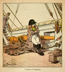 Illustration av Bombled Louis (1862-1927) från boken "The Memorial of Saint Helene" av greve Emmanuel de Las Cases (1766-1842); Kejsar Napoleon ombord på Northumberland 1815, privat samling