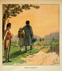 Illustration av Bombled Louis (1862-1927) från boken "The Memorial of Saint Helene" av greve Emmanuel de Las Cases (1766-1842): Farväl till Las Cases och hans son till Longwood, privat samling