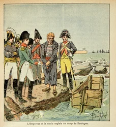 Illustration av Bombled Louis (1862-1927) från boken "The Memorial of Saint Helene" av greve Emmanuel de Las Cases (1766-1842): En engelsk sjöman som vill ansluta sig till sitt land befriat av kejsaren i lägret Boulogne, menig Samling