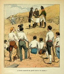 Illustration av Bombled Louis (1862-1927) från boken "The Memorial of Sainte Helene" av greve Emmanuel de Las Cases (1766-1842): Napoleon regisserade stora verk i Frankrike under sin regering, Collection Partial