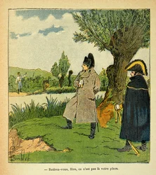 Illustration av Bombled Louis (1862-1927) från boken "The Memorial of St. Helene" av greve Emmanuel de Las Cases (1766-1842): På ön Laubo under slaget vid Esling tar Napoleon risker, en österrikisk officer uppmanar kejsaren "" Withdr