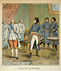 Illustration av Bombled Louis (1862-1927) från boken "The Memorial of St. Helene" av greve Emmanuel de Las Cases (1766-1842): Intervju mellan Bonaparte och greve Louis Cobenzl, Österrikes kansler under handeln med Campo Formio, Privat samling