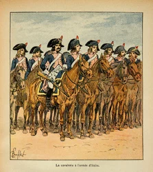 Illustration av Bombled Louis (1862-1927) från boken "The Memorial of St. Helene" av greve Emmanuel de Las Cases (1766-1842): Kavalleri med Armee of Italy, Privat samling