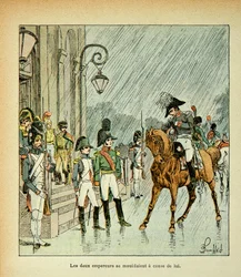 Illustration av Bombled Louis (1862-1927) från boken "The Memorial of St. Helene" av greve Emmanuel de Las Cases (1766-1842): Kejsar Napoleon, kung av Preussen och tsar Alexander I (1777-1825) vid Tilsitt Fördrag 1807, Privat samling