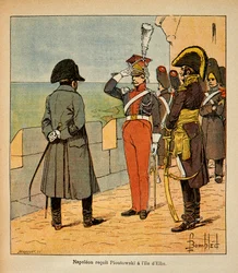 Illustration av Bombled Louis (1862-1927) från boken "The Memorial of St. Helene" av greve Emmanuel de Las Cases (1766-1842): Kejsar Napoleon tar emot marskalken Poniatowski på ön Elba, privat samling.