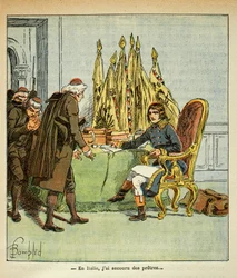 Illustration av Bombled Louis (1862-1927) från boken "The memorial se Sainte Helene" av greve Emmanuel de Las Cases (1766-1842): Under den italienska kampanjen räddar Bonaparte präster, Privat samling