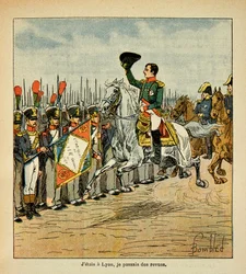Illustration af Bombled Louis (1862-1927) fra bogen "The memorial se Sainte Helene" af Grev Emmanuel de Las Cases (1766-1842): Kejser Napoleon sender tropperne til anmeldelser, Private Collectionswed
