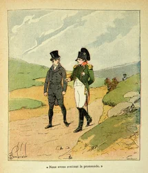 Illustration av Bombled Louis (1862-1927) från boken "The memorial se Sainte Helene" av greve Emmanuel de Las Cases (1766-1842): Las Cases et Napoleon a Ste Helene, Privat samling